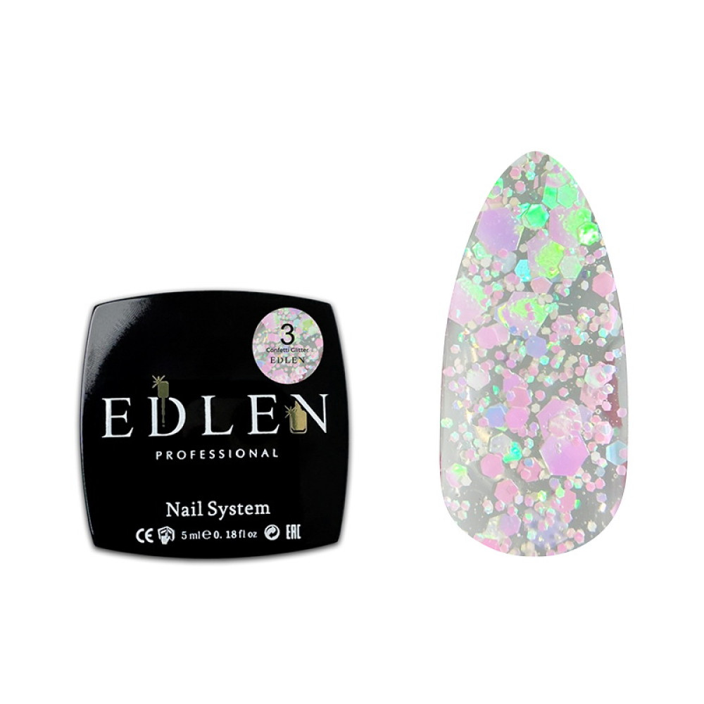 Гель-лак Edlen Professional Confetti Glitter 03. розовые голографические блестки и хлопья. 5 мл