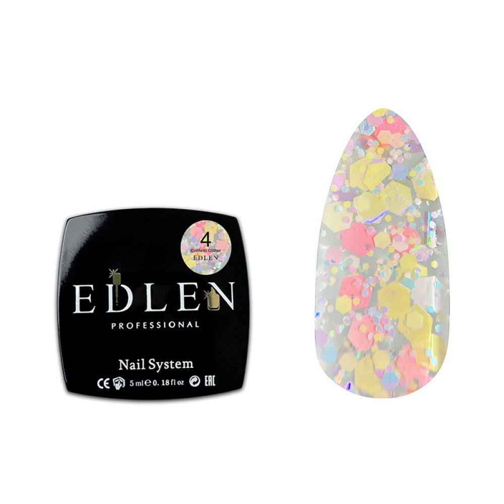 Гель-лак Edlen Professional Confetti Glitter 04. персиково-желтые голографические блестки и хлопья. 5 мл