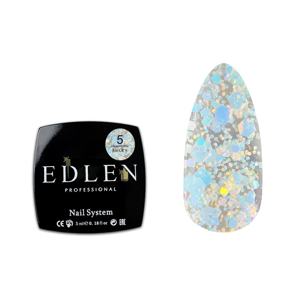 Гель-лак Edlen Professional Confetti Glitter 05. голубые и розовые голографические блестки и хлопья. 5 мл