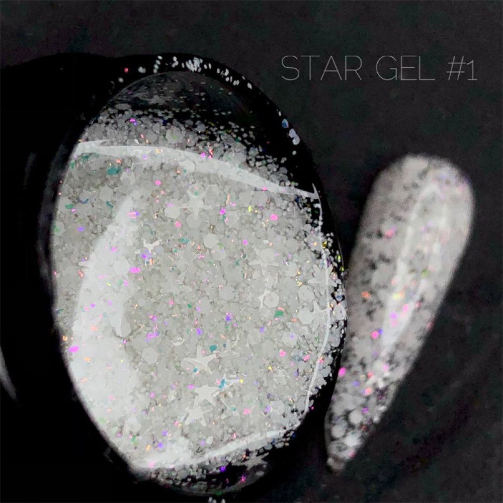 Гель для дизайну Crooz Star Gel 01. мікс білих і переливчастих блискіток та конфетті на прозорій основі. 5 г