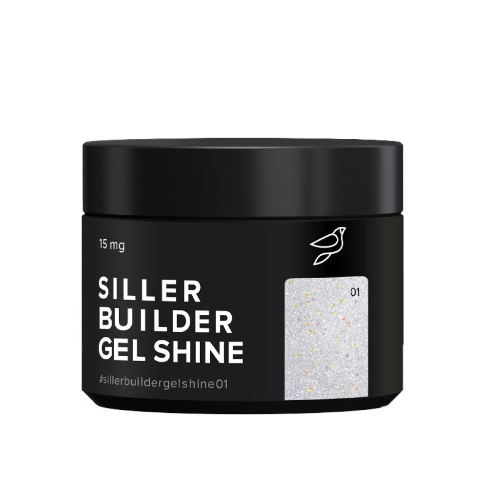 Гель камуфлирующий Siller Professional Builder Gel Shine 01 в баночке. голографическое серебро с шиммером. 15 мл