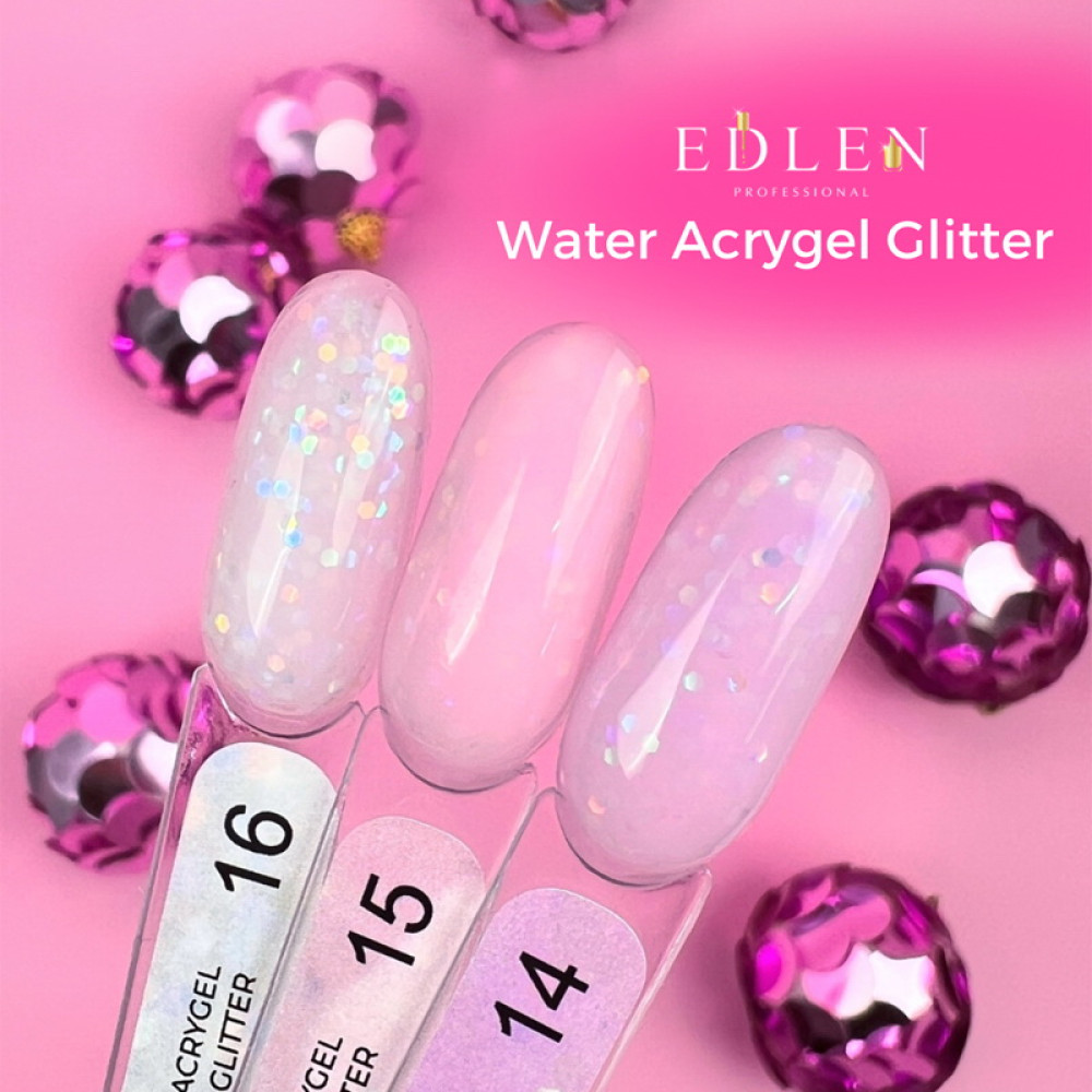 Жидкий гель Edlen Professional Water Acrygel Glitter 15. розовый с глиттером. 9 мл