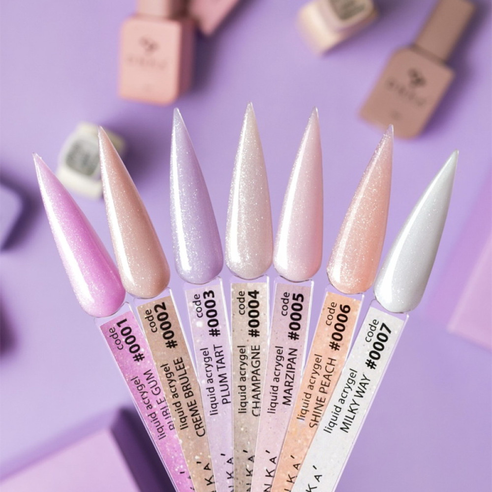 Жидкий гель DNKa Liquid Acrygel 0006 Shine Peach для укрепления ногтей нежный персиково-розовый с шиммером 12 мл