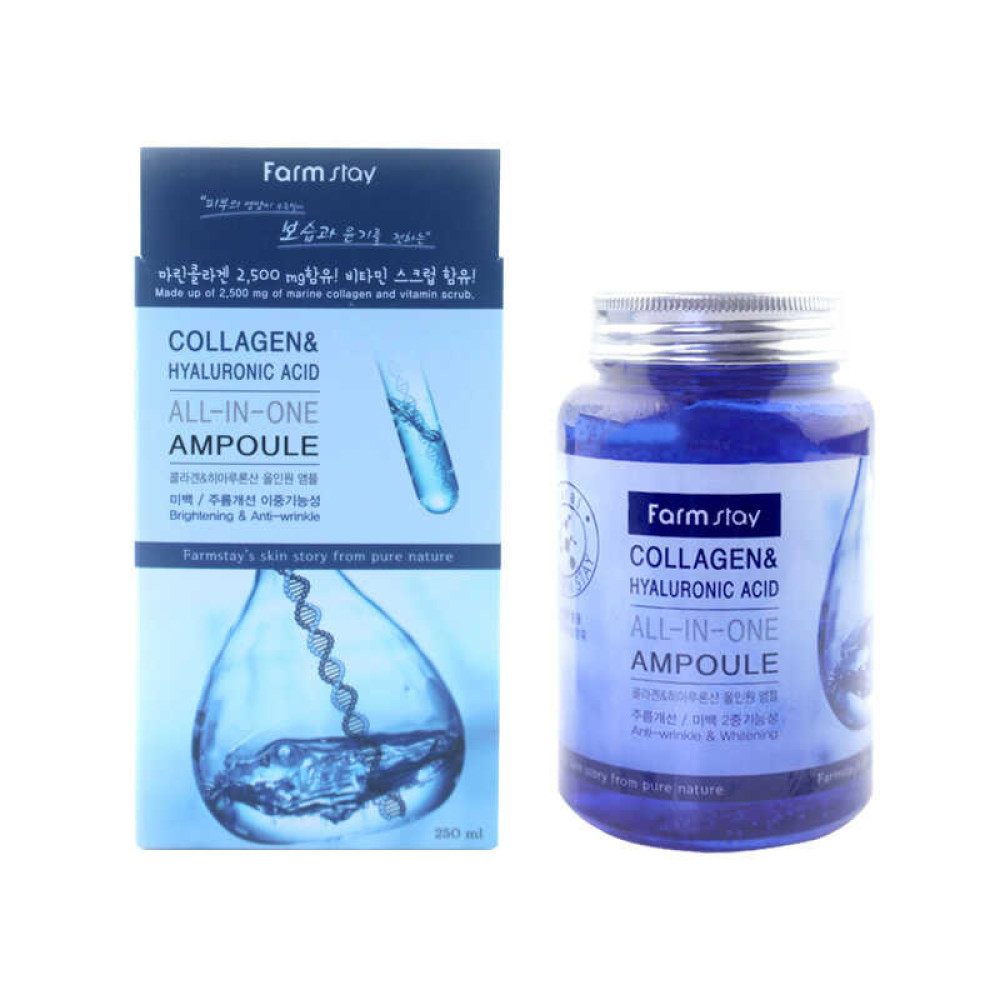 Сироватка ампульна для обличчя FarmStay Collagen Hyaluronic Acid з колагеном та гіалуроновою кислотою. 250 мл