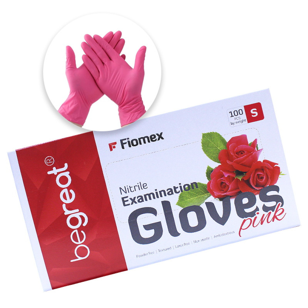 Перчатки нитриловые Fiomex Begreat упаковка - 50 пар, размер S (без пудры), плотность 4 г, розовые