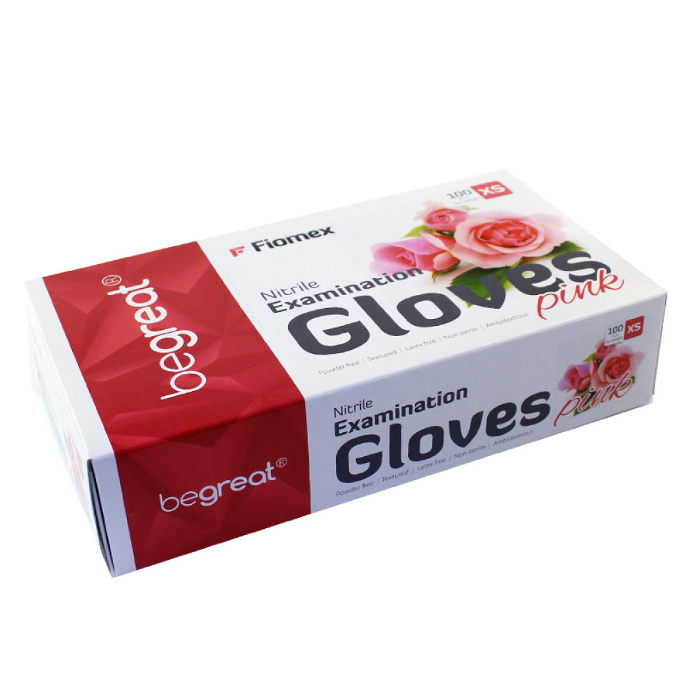 Перчатки нитриловые Fiomex Begreat упаковка - 50 пар. размер XS (без пудры). плотность 4 г. розовые
