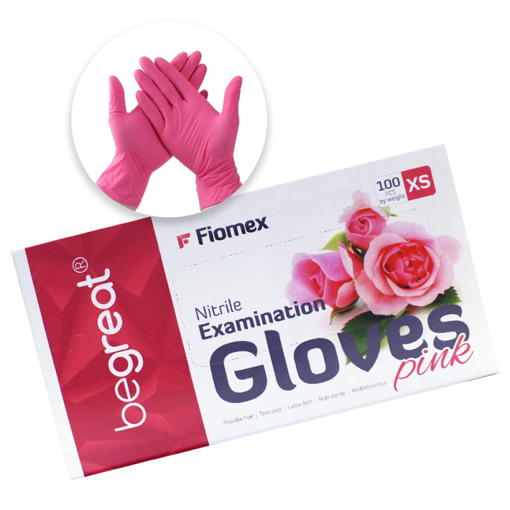 Перчатки нитриловые Fiomex Begreat упаковка - 50 пар, размер XS (без пудры), плотность 4 г, розовые
