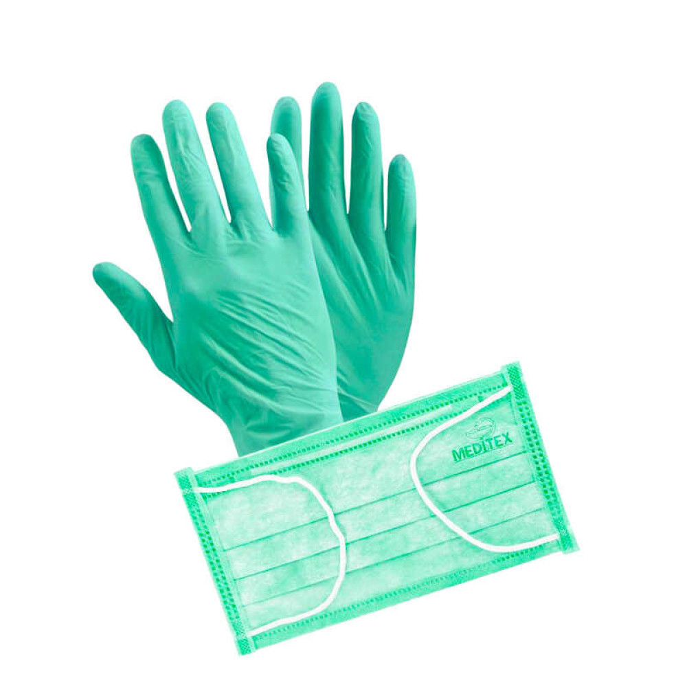 Набор перчаток 5 пар размер S и масок 5 шт.. одноразовые. цвет зеленый