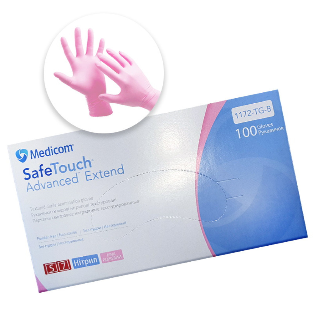 Перчатки нитриловые Medicom упаковка - 50 пар. размер S (без пудры). плотность 3.6 г. розовые