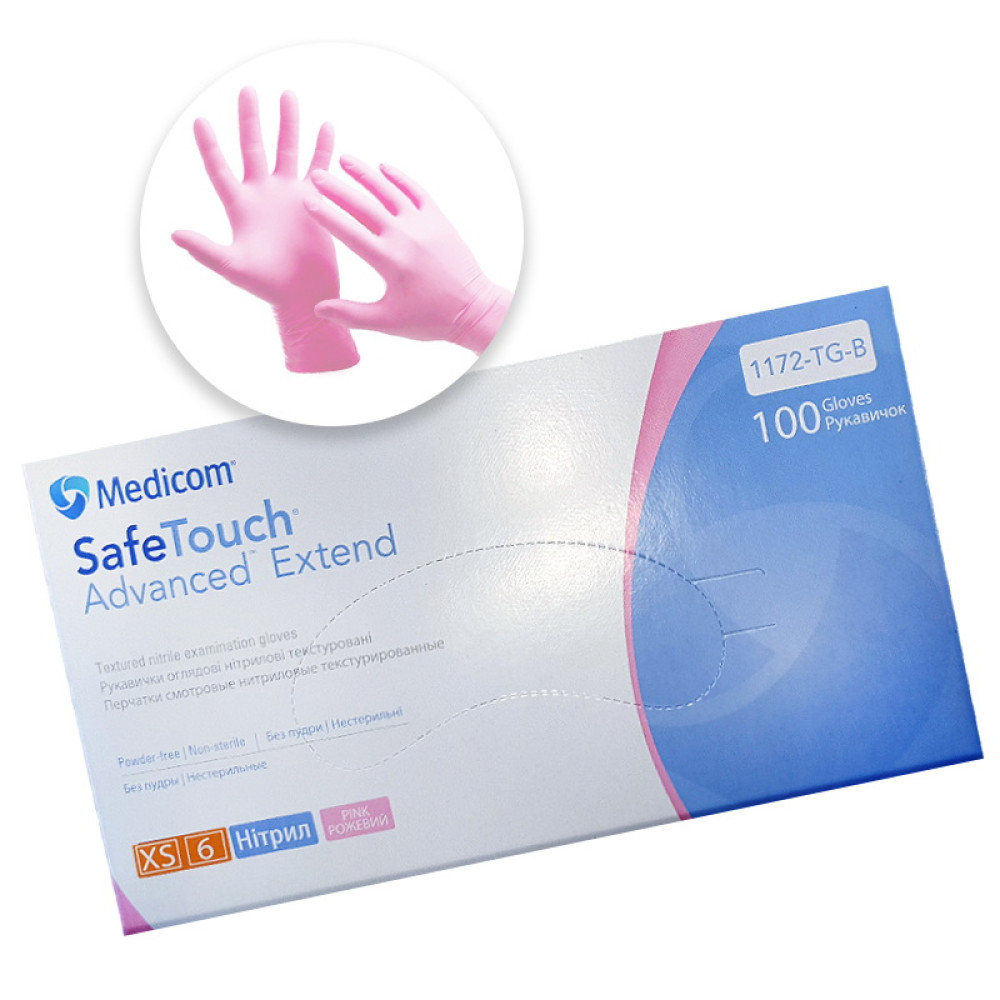 Перчатки нитриловые Medicom упаковка - 50 пар. размер XS (без пудры). плотность 3.6 г. розовые