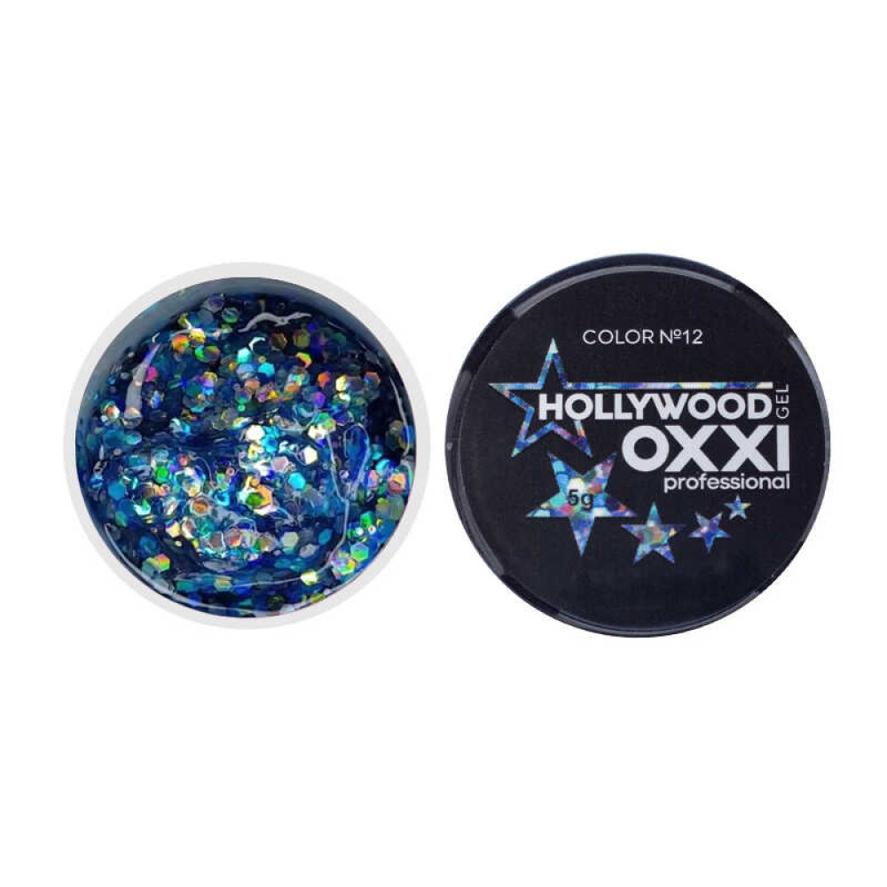 Глітерний гель в баночці OXXI Hollywood 12 синьо-блакитна веселка з голографічним ефектом, 5 г