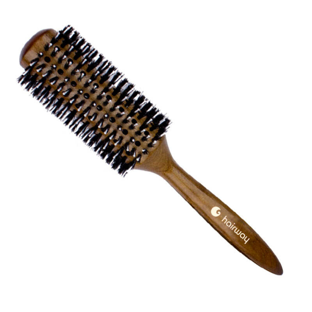 Брашинг для волос Hairway Round Brush Glossy Wood Дикобраз со смешанной щетиной, деревянный, d=63 мм