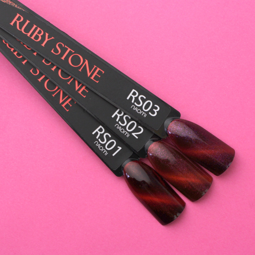 Гель-лак Naomi Ruby Stone Cat Eyes RS01 червоний з червоними шимерами і відблиском, 6 мл