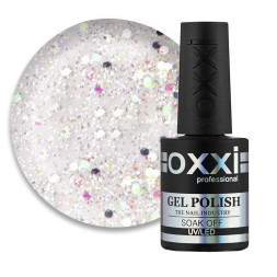 Гель-лак Oxxi Professional 308 сріблясті і голографічні блискітки таконфетті на прозорій основі. 10 мл