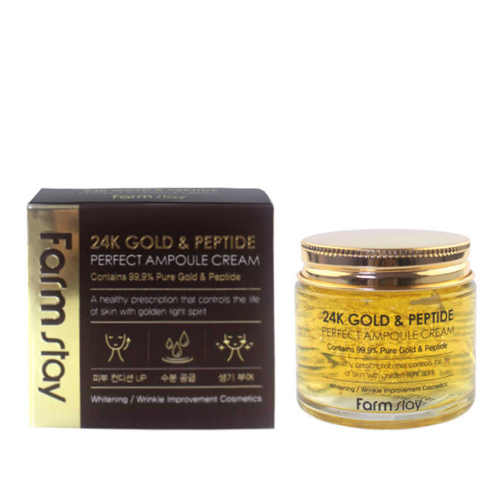 Крем для обличчя FarmStay 24K Gold & Peptide Perfect Ampoule Cream ампульний із золотом та пептидами. 80 мл