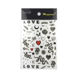 Наклейка для ногтей MG200326-01 Змеи, сердца, надписи, 8,5x12,5 см, цвет черный