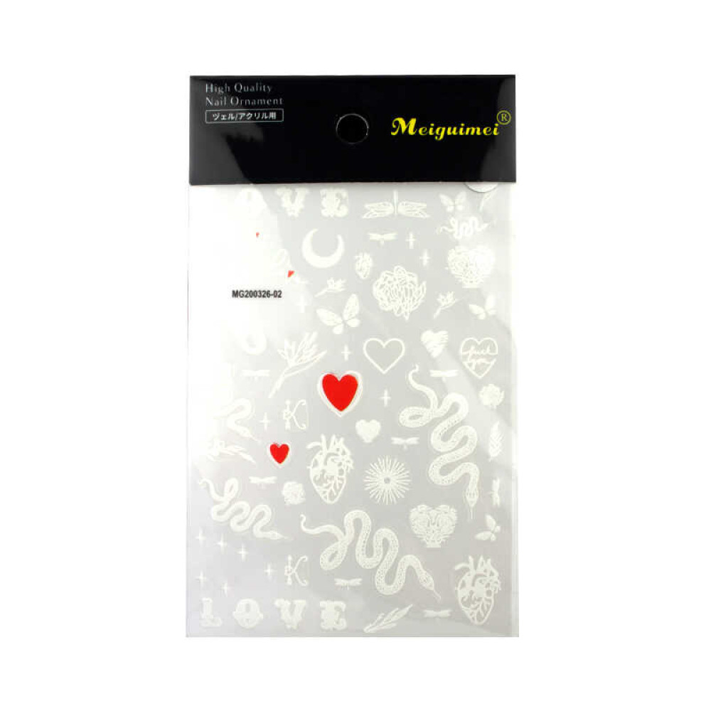 Наклейка для ногтей MG200326-02 Змеи, сердца, надписи, 8,5x12,5 см, цвет белый