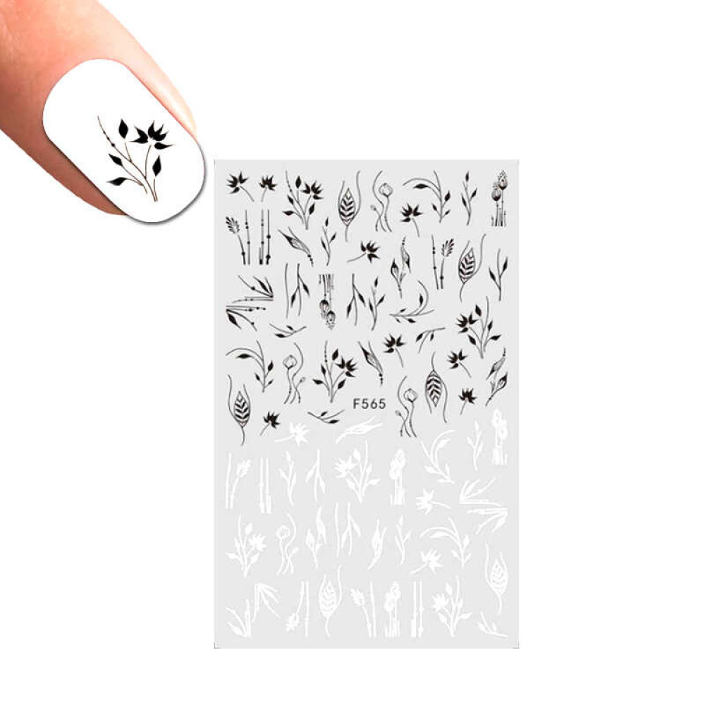 Наклейка для нігтів LBS F 565 Рослини. квіти. колір чорний. білий