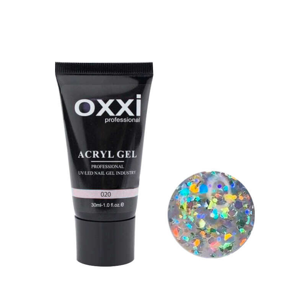 Акрил-гель Oxxi Professional Aсryl Gel 020, прозрачный с крупными голографическими блестками, 30 мл