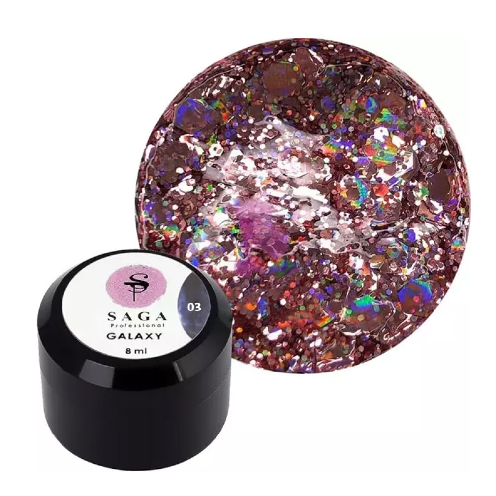 Глиттерный гель Saga Professional Galaxy Glitter 03 прозрачный с голографическими розово-персиковыми глиттерными частичками. 8 мл