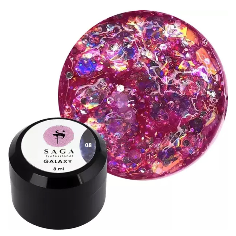 Глиттерный гель Saga Professional Galaxy Glitter 08 прозрачно-розовый с голографическими золотисто-розовыми глиттерными частичками