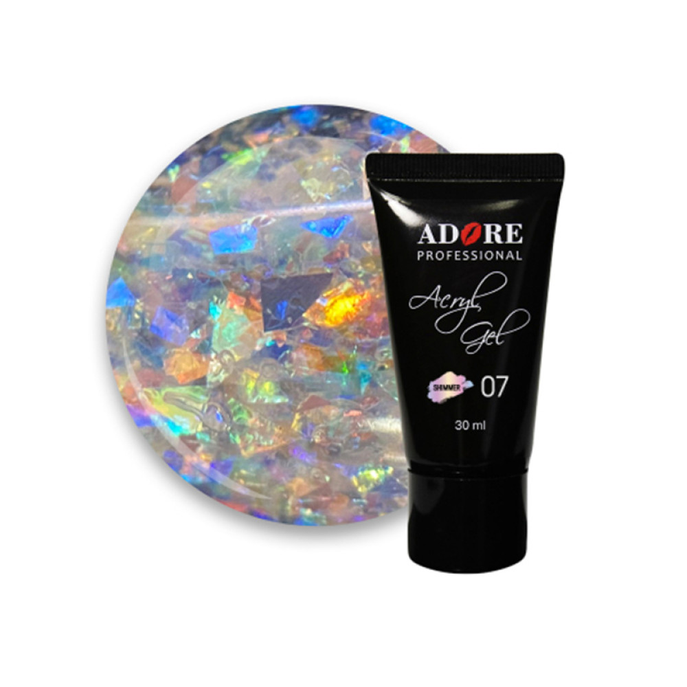 Акрил-гель Adore Professional Acryl Gel Shimmer 07 Rainbow Flakes, прозрачный c круглой голографической слюдою, 30 мл