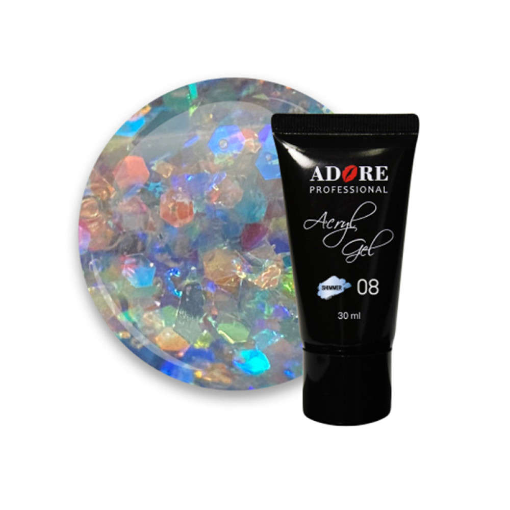 Акрил-гель Adore Professional Acryl Gel Shimmer 08 Unicorn Tears. прозрачный с голографической слюдой разных форм и размеров. 30 м