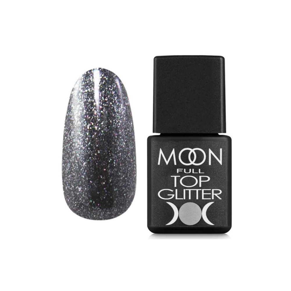 Топ для гель-лака без липкого слоя Moon Full Top Glitter 03 Silver с серебряным глиттером. 8 мл