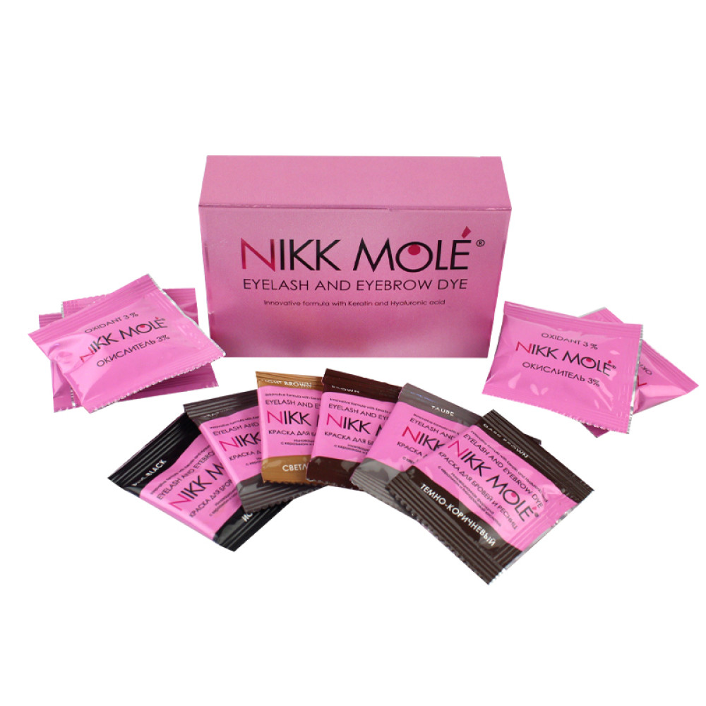 Фарба для брів Nikk Mole Мікс 6 відтінків та кремовий окисник 3% в саше. 5 мл