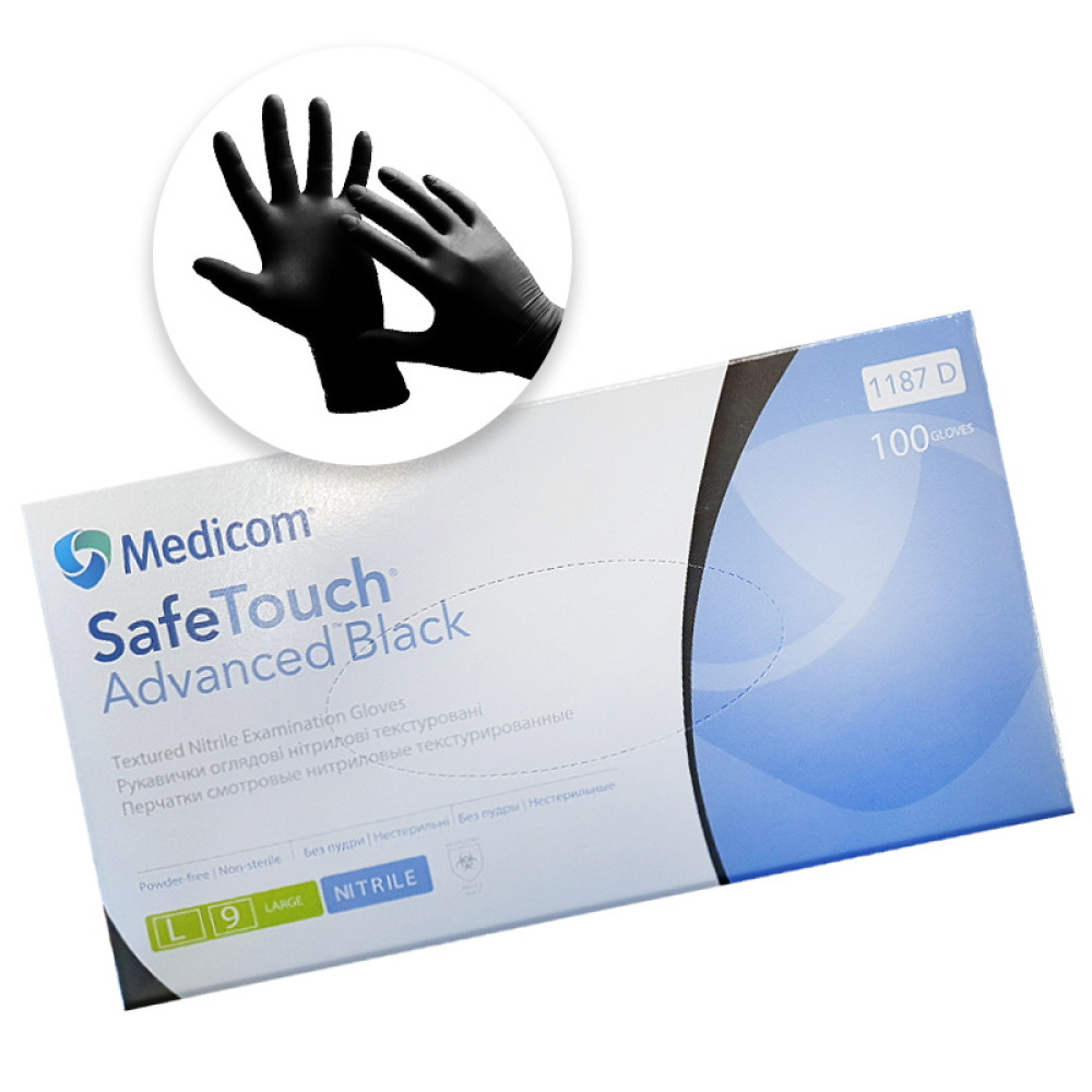 Перчатки нитриловые Medicom упаковка - 50 пар. размер L (без пудры). плотность 5 г. черные