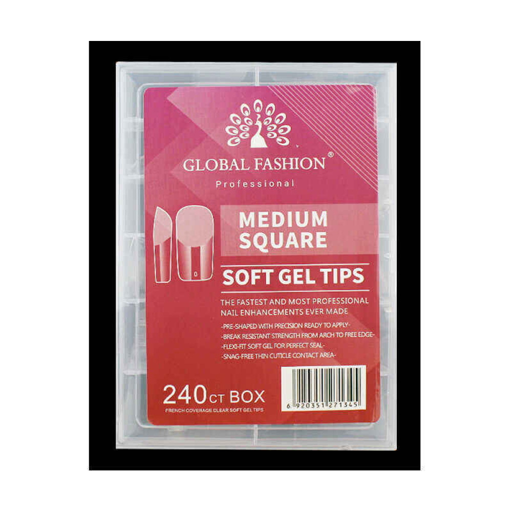 Типсы гелевые для наращивания ногтей Global Fashion Soft Gel Tips Medium Square 240 шт., квадрат