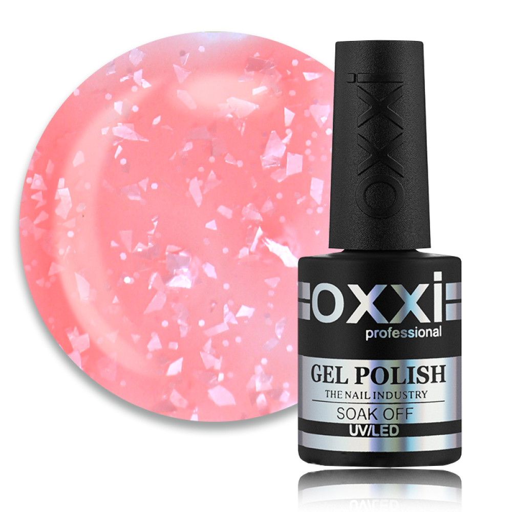 База цветная Oxxi Professional Rafinad Base 008. розовый коралл с хлопьями потали и блестками. 10 мл