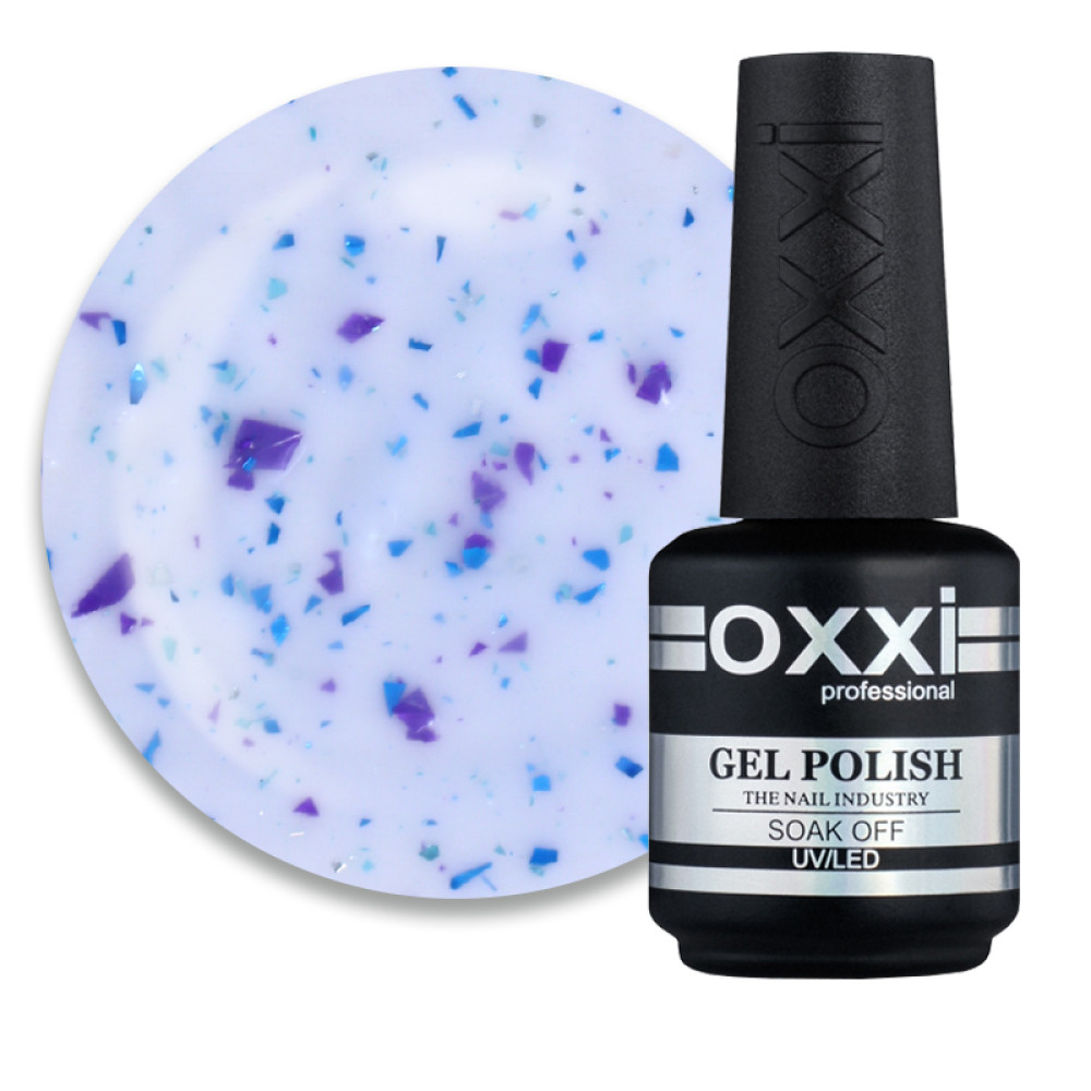 База камуфлирующая Oxxi Professional Jolly Base 004, молочно-голубой с фиолетовой и бирюзовой поталью, 15 мл