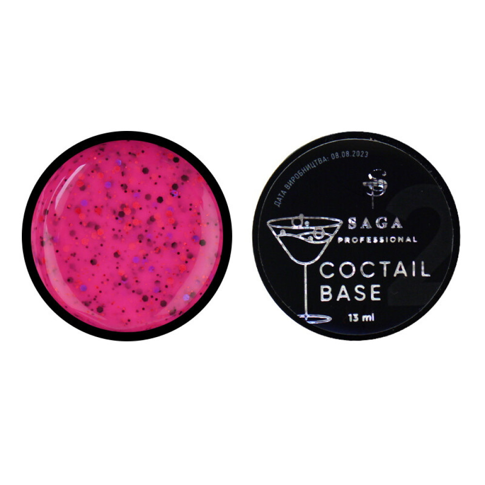 База камуфлирующая Saga Professional Coctail Base 02 ярко-розовый с хлопьями-конфетти. 13 мл