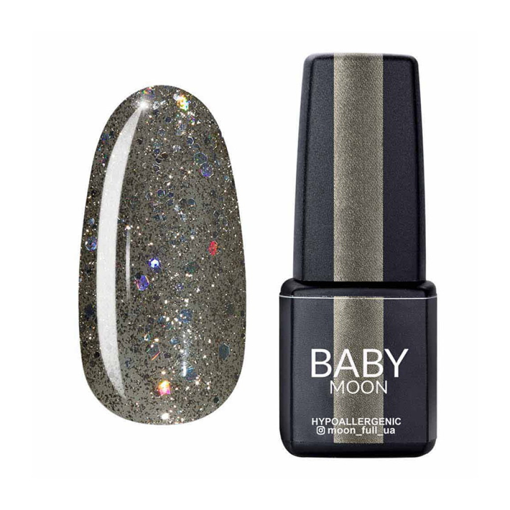Гель-лак Baby Moon Dance Diamond 021 серебристо-оливковый с разноцветным глиттером. 6 мл