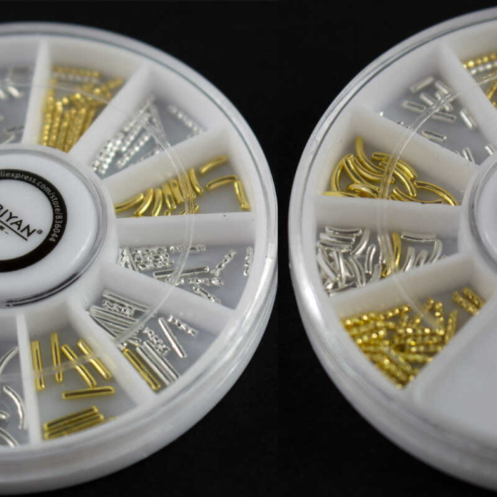Декор для ногтей в контейнере Карусель металлические палочки Fabiyan, цвет золото. серебро
