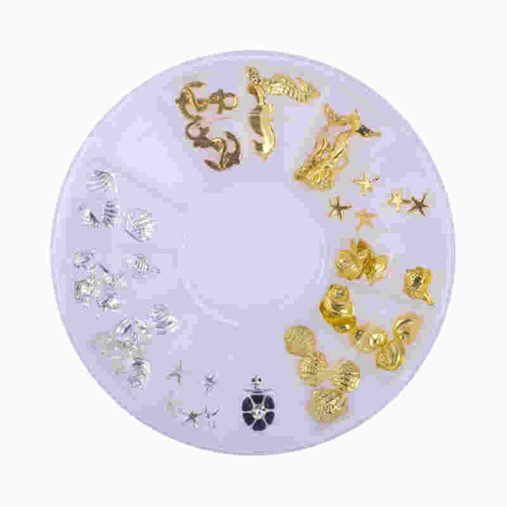 Декор для ногтей в контейнере Карусель металлические морские фигуры. цвет золото. серебро