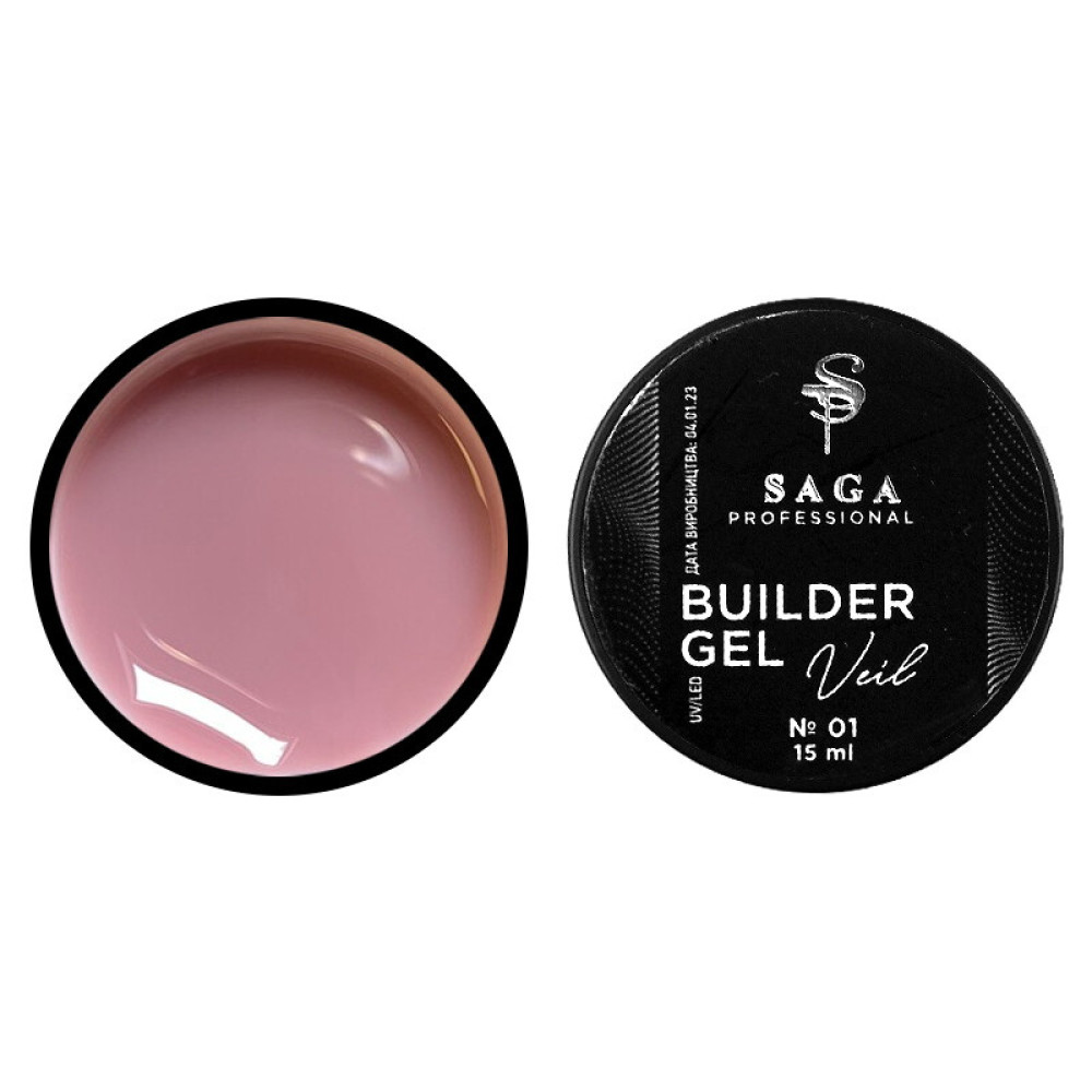 Гель для нарощування Saga Professional Builder Gel Veil 01 Cover Pink. камуфлюючий рожевий. 15 мл