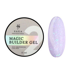 Гель для нарощування Saga Professional Magic Builder Gel 02. ніжний ліловий з кольоровими пластівцями поталі. 15 мл