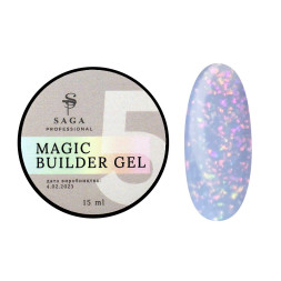 Гель для нарощування Saga Professional Magic Builder Gel 05. бузково-блакитний з кольоровими пластівцями поталі. 15 мл