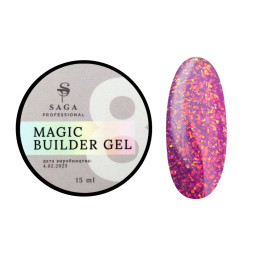 Гель для нарощування Saga Professional Magic Builder Gel 08. фуксія з кольоровими пластівцями поталі. 15 мл