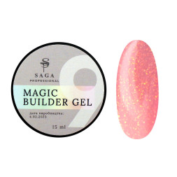 Гель для нарощування Saga Professional Magic Builder Gel 09. рожевий персик з пластівцями поталі. 15 мл