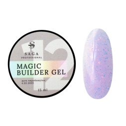 Гель для нарощування Saga Professional Magic Builder Gel 12. бузковий з пластівцями поталі. 15 мл