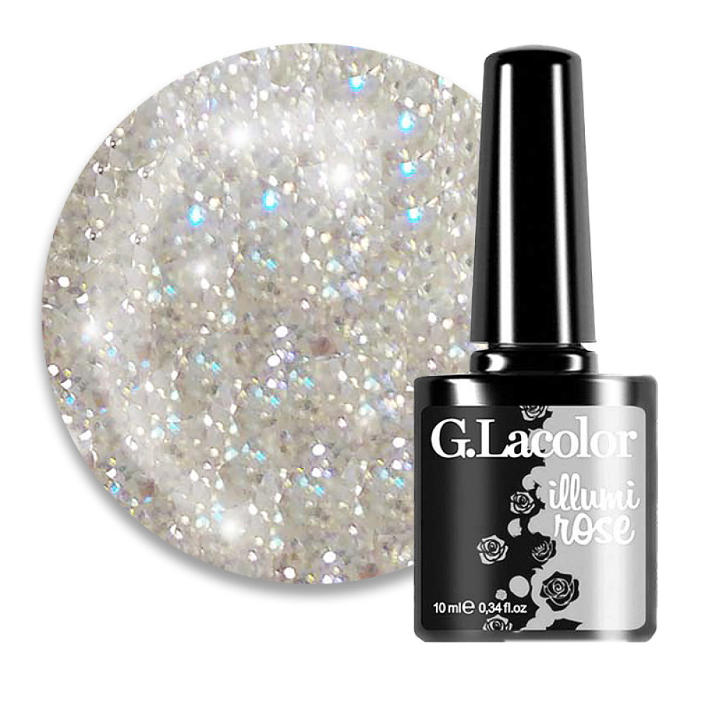 Гель-лак G.La color Illumi Rose 001 сріблястий айворі з блакитними блискітками і шимерами. 10 мл