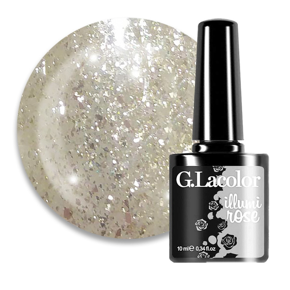 Гель-лак G.La color Illumi Rose 002 серебристый айвори с крупными и мелкими блестками. 10 мл