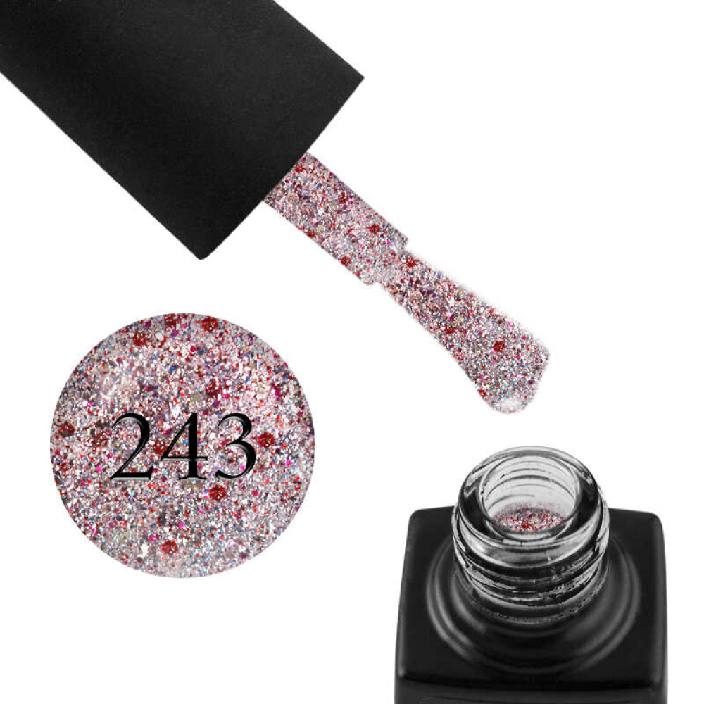 Гель-лак GO 243 розовое серебро, с красным и серебристым конфетти, 5,8 мл