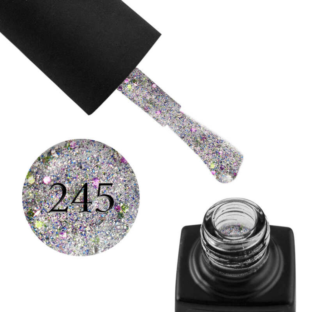 Гель-лак GO 245 серебро. с лаймовым и фиолетовым конфетти. 5.8 мл