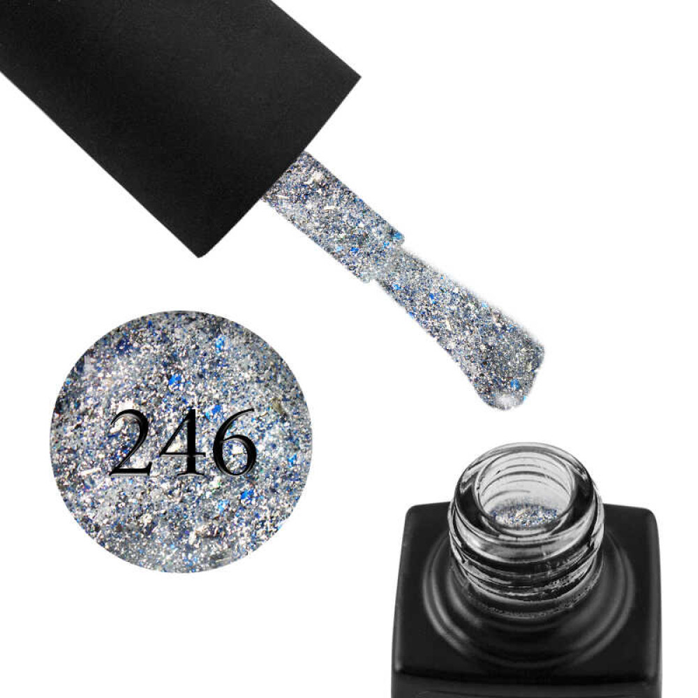 Гель-лак GO 246 серебро, с синим конфетти, переливающимися блестками и слюдой, 5,8 мл