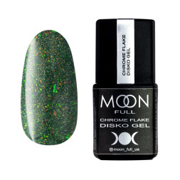 Гель-лак Moon Full Chrome Flake Disko 004 полынно-зеленый с золотисто-зелеными шиммерами и слюдой. светоотражающий. 8 мл