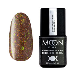 Гель-лак Moon Full Chrome Flake Disko 005 кофейный с золотистыми и цветными шиммерами и слюдой. светоотражающий. 8 мл